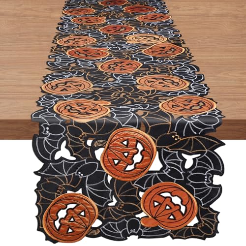 Halloween Table Runner 16x72 Inches for Dining Room Decor - Spooky Pumpkin & Bat Design