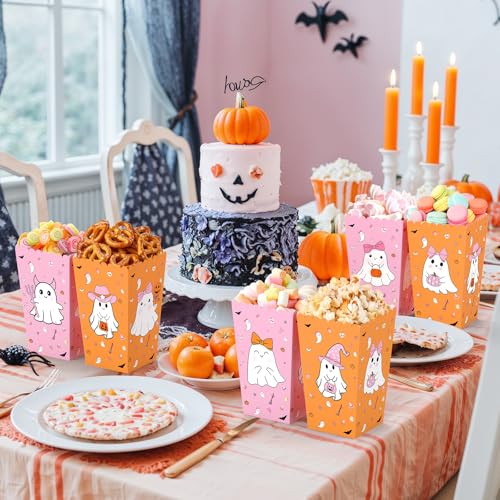 Halloween Popcorn Favor Boxes - Pink & Orange Ghost Theme, 24 Pack