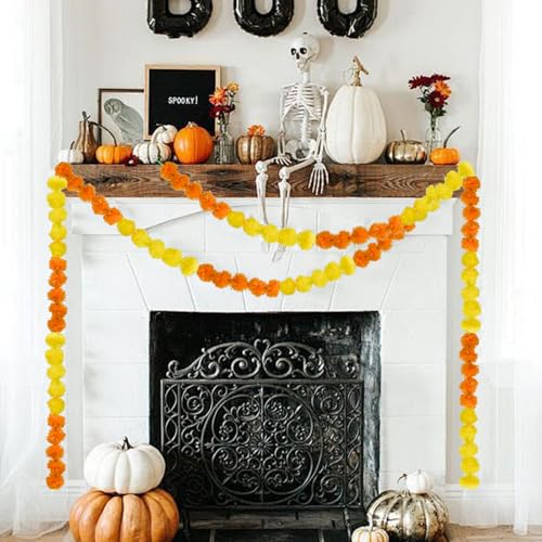 Artificial Marigold Flower Garland 6 Pack - 5 Feet Yellow & Orange for Wedding Diwali Pooja Decor