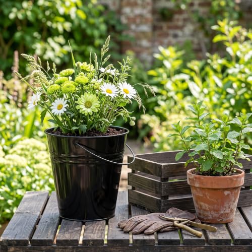 Black Metal Bucket with Handle - Mini Pail 6.4 x 7 Inches, Pack of 12