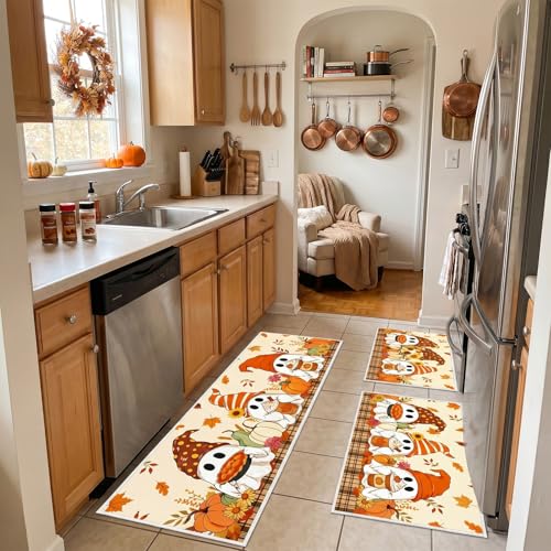 Fall Ghost Pumpkin Kitchen Mat Set of 2 Non Slip Washable Rug, Autumn Halloween Decor