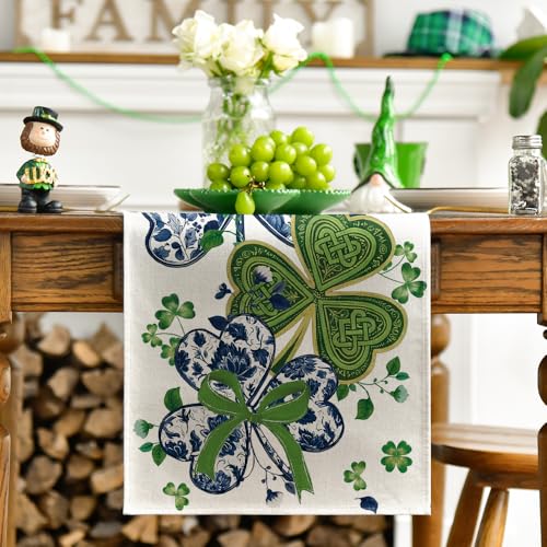 Blue and White Porcelain Shamrocks Table Runner 13x72 Inch for St. Patrick's Day Kitchen Decor
