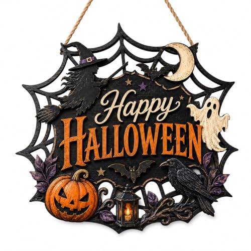Halloween Wooden Door Sign - Haunted Ghost Witch Pumpkin Hanging Decor for Front Door