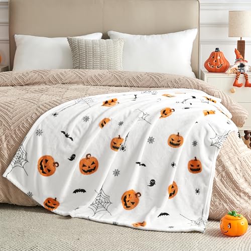Halloween Throw Blanket 50x60 Inches - Spooky Pumpkin Bat Web Print Cozy Fuzzy Blanket for Couch Bed Kids & Adults - Variation of THIS listing 03 White