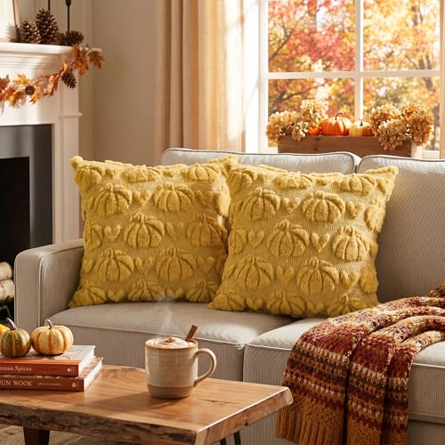 Yellow Pumpkin Fall Throw Pillow Covers 18x18 Inch - Pack of 2