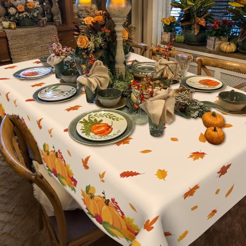 Gold Fall Thanksgiving Tablecloth 8 Pack - Disposable Plastic Autumn Pumpkin & Maple Leaf Design 54x108 Inches