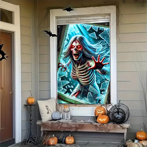 Halloween Red Eyed Skeleton Window Cover 31x47 Inch Polyester Decor