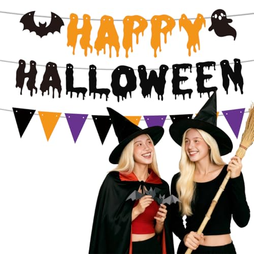 Halloween Bunting Banner with Triangle Flags and Bat Motifs - Pre-Assembled Wall & Party Decor