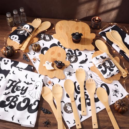 Halloween Ghost Kitchen Gift Set - 37 Pcs Bamboo Cutting Boards Towels Spoons - Ghost Theme