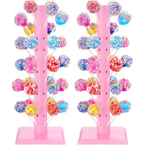 Pink Cake Pop Stand Set of 2 Wooden Lollipop Display Tree Holders - Party Decor