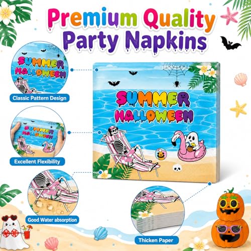 Summer Halloween Party Tableware Set - Skeleton & Tropical Design, Disposable Plates & Napkins for Beach BBQ & Pool Parties
