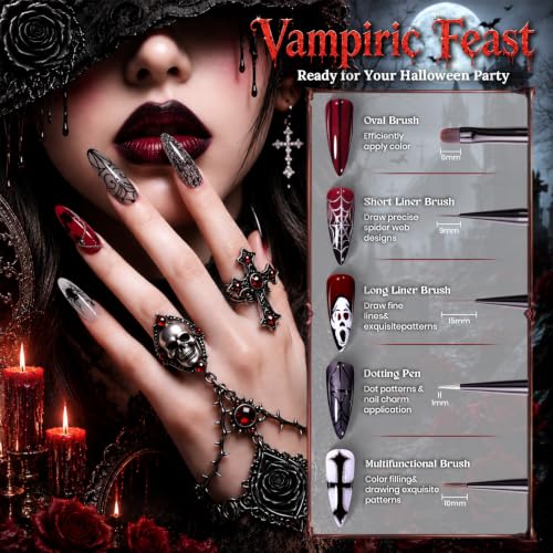 Halloween Nail Art Brushes Set - 5 Pcs Gel Polish & Dotting Tools with Brush Holder