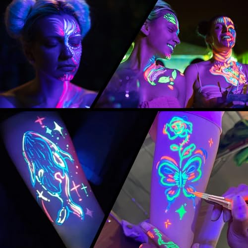 Fluorescent Tattoo Ink Set - 7 Colors UV Glow in The Dark 1 Fl Oz - Blacklight Body Art Kit
