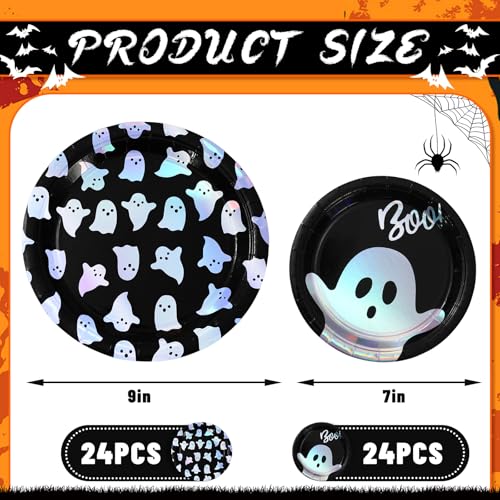 Iridescent Black Halloween Paper Plates Set - Ghost Boo 7 & 9 Inch Disposable Tableware
