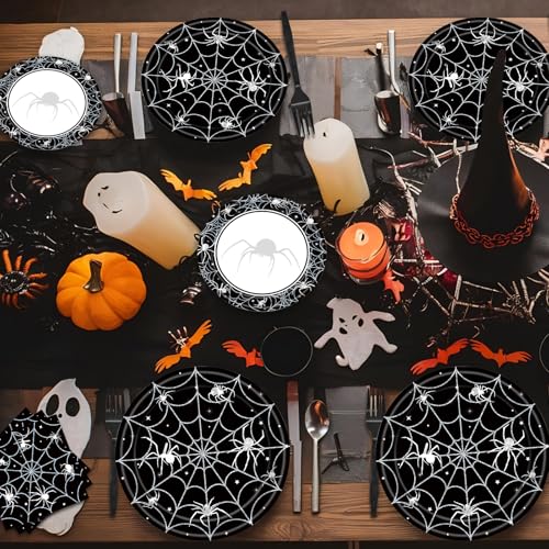 Halloween Spider Web Disposable Dinnerware Set - Black, Serves 24, Party Supplies