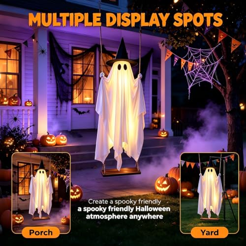 Adjustable Hanging Ghost Decorations with LED Lights for Outdoor Halloween Yard