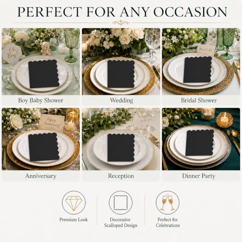Black Cocktail Napkins 60 Pack - 5x5 Inch Scalloped Disposable Party Napkins - Wuvolution