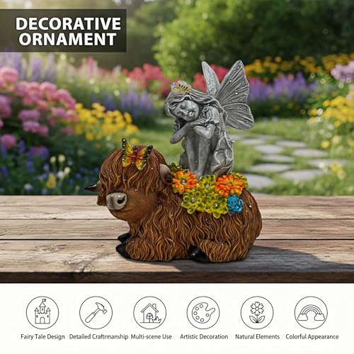 Solar Angel Sitting on Highland Cow Garden Statue with LED Lights - Outdoor Decor Gift