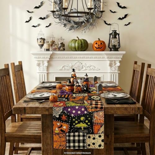 Halloween Witchy Burlap Table Runner 13x72 Inch - Seasonal Kitchen Decor