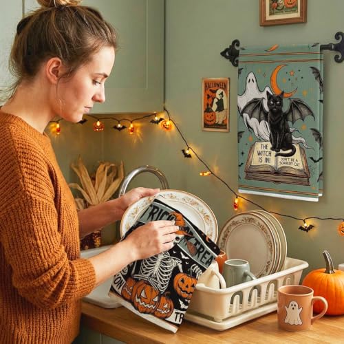 Halloween Kitchen Towels Set - Vintage Skull Pumpkin Witch 16x24 Inches