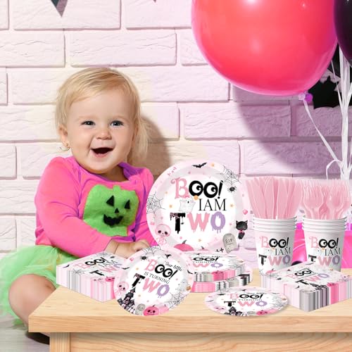 Halloween Pink Ghost Party Supplies Set for Girls' 2nd Birthday - Plates, Napkins, Cups & Cutlery