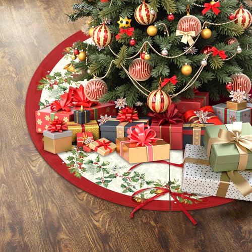 Christmas Tree Skirt 36 Inch Red and Cream Poinsettia Floral Festive Decor - Variation B