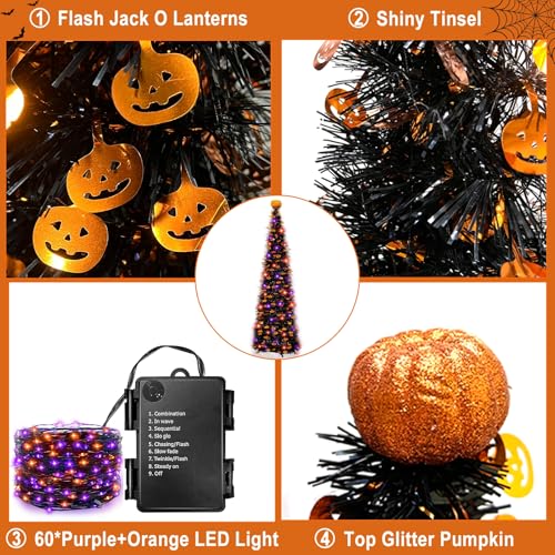 6 Ft Black Tinsel Halloween Tree with Lights - Indoor Holiday Decoration