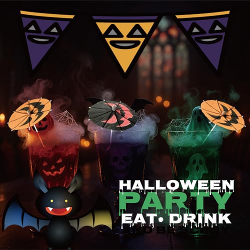 Halloween Pumpkin Cocktail Picks - Red-Black Spooky Drink Stirrers, Party Decor, 140 Pack