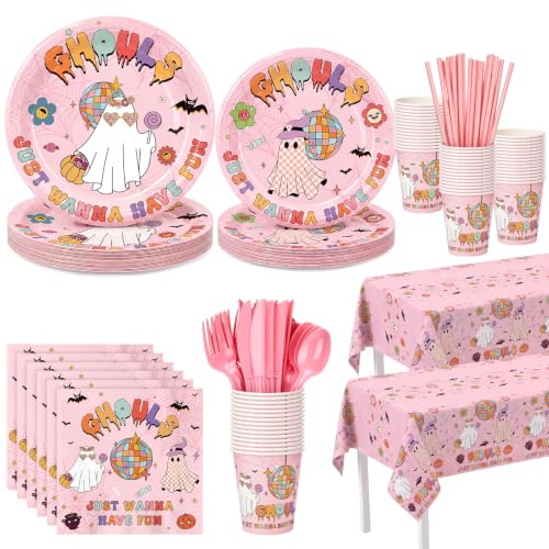 Pink Halloween Party Supplies Set - Ghouls Just Wanna Have Fun with Retro Disco Ghouls Variation