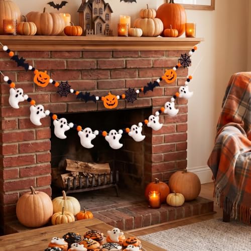 Halloween Felt Banner 2 Pcs Ghosts Pom Poms Halloween Decorations