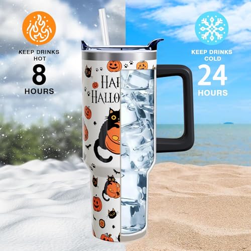 Halloween Cat 40oz Insulated Tumbler Cup with Handle & Straw - Goth Pumpkin Theme