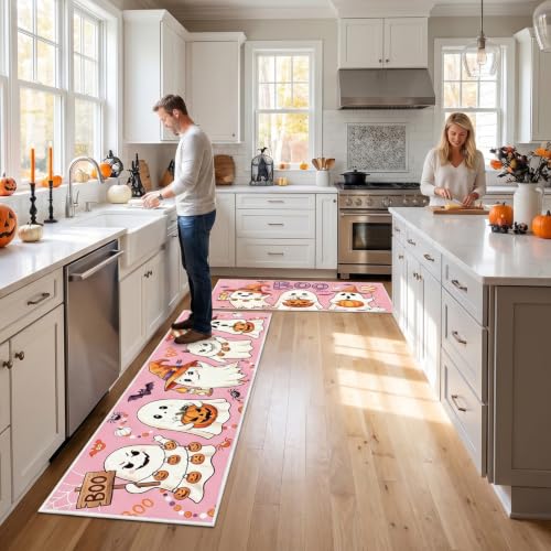 Halloween Kitchen Rug Set of 2 Pink Ghost & Pumpkin - Fall Indoor Home Decor