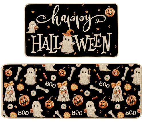 Halloween Ghost Pumpkins Kitchen Mat Set of 2 - Non-Slip, Absorbent Fall Rug