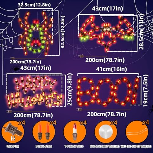 Halloween Window Silhouette Decorations Lighted Spider Bat Happy Halloween - 4-Pack - Variation of Spider Bat Happy Halloween BOO