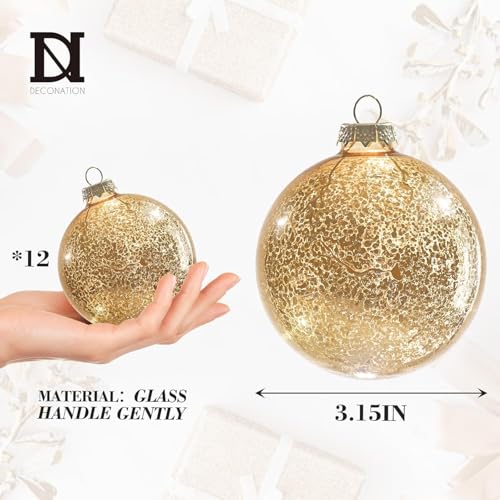 Gold Mercury Glass Christmas Ornaments Set of 12 - 3.15 Inch - Mercury Gold Variation