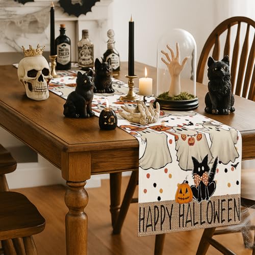 Halloween Table Runner with Cute Ghosts Black Cat and Pumpkin 13x72 Inches Festive Fall Decor