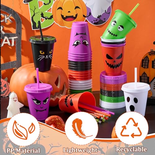 Reusable Halloween Plastic Cups with Lids & Straws - 16 oz Party Set