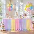 Rainbow Tulle Tablecloth for 8ft Rectangle Tables with Ruffle Skirt - Pastel Rainbow Party Decor
