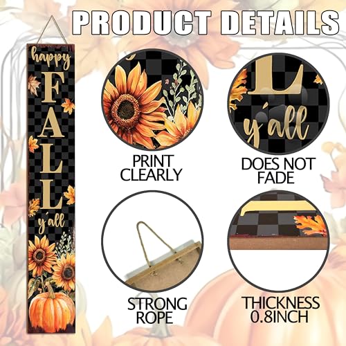 Happy Fall Y'all Porch Sign Black Checkered Sunflower Pumpkin - Indoor Outdoor Farmhouse Decor