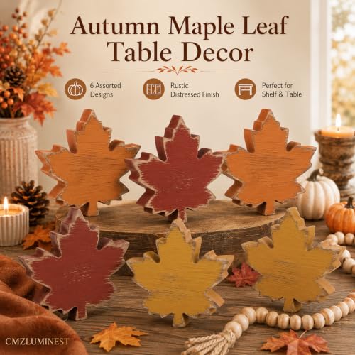 Fall Wooden Leaf Decorations Set - 6pcs Rustic Autumn Home Decor