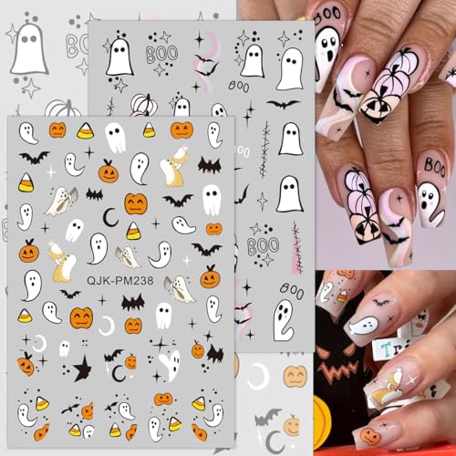 Halloween Nail Art Stickers - 3D Pumpkin Ghost Spider Web Bats Decals, Self-Adhesive, 8 Sheets - Halloween Edition
