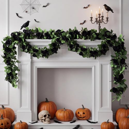 Black Halloween Artificial Flower Garland - 4 Pack, 32 Feet Long Vines with Roses