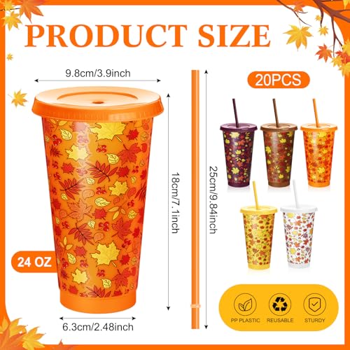 20 Pack Fall Plastic Coffee Cups with Lids & Straws - Thanksgiving & Autumn Theme