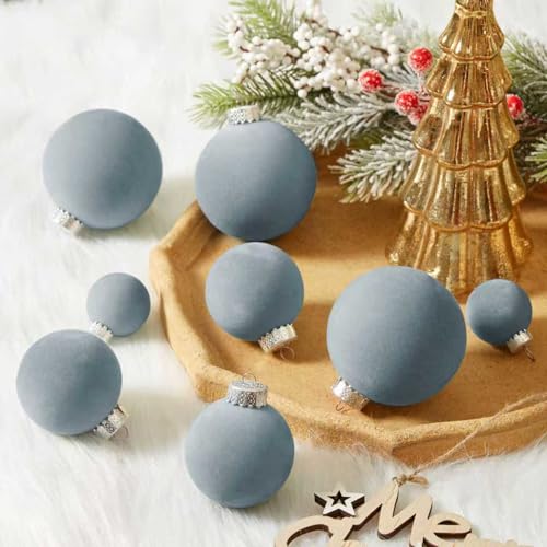 Velvet Christmas Ornaments Set 38Pcs Flocked Shatterproof Holiday Decorations - Gray Blue