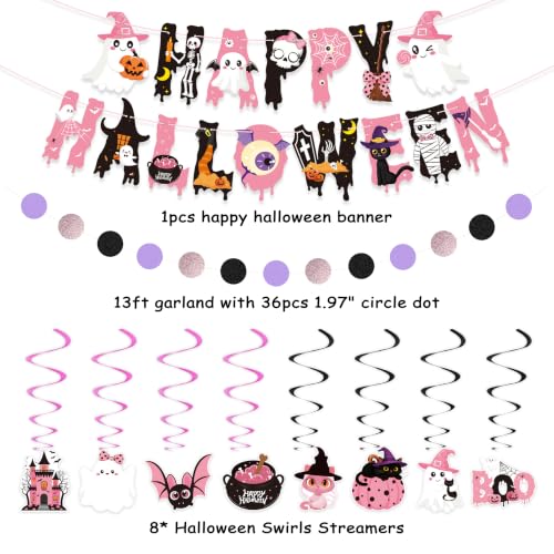 Halloween Paper Lanterns & Garland Decor Set - Pink Purple Black, 22pcs, Reusable