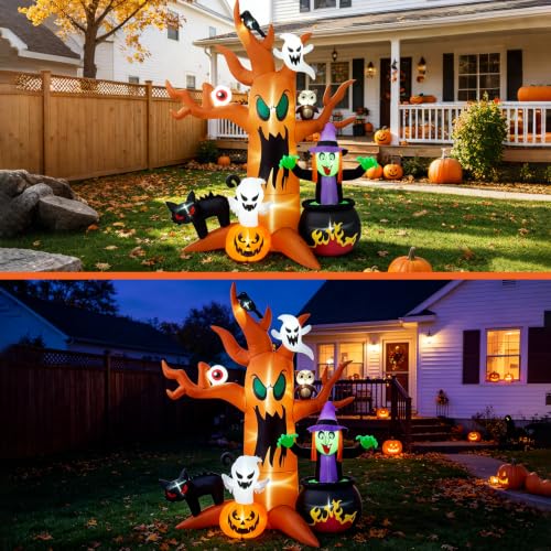 Halloween Inflatable Tree - 8 Ft Tall, Lighted Outdoor Yard Decoration with Ghosts & Pumpkins - Tree Variation