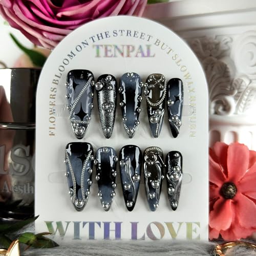 Long Stiletto Press-On Nails Black Blue Cross Studs 3D Gothic Punk - Variation 6074 / S