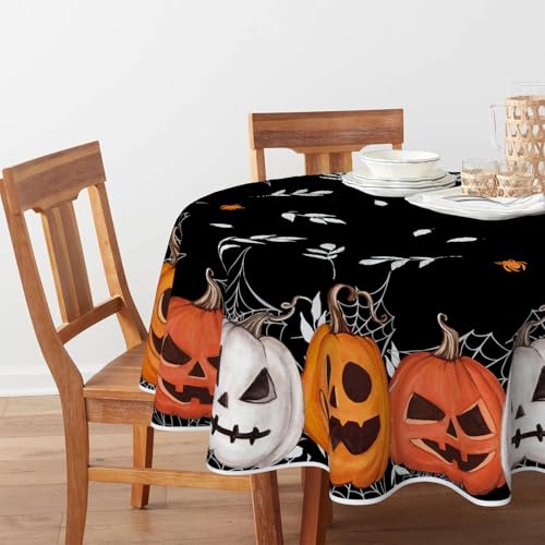 Halloween Tablecloth 90x90 Inch Round Black Orange Pumpkin - Durable Polyester