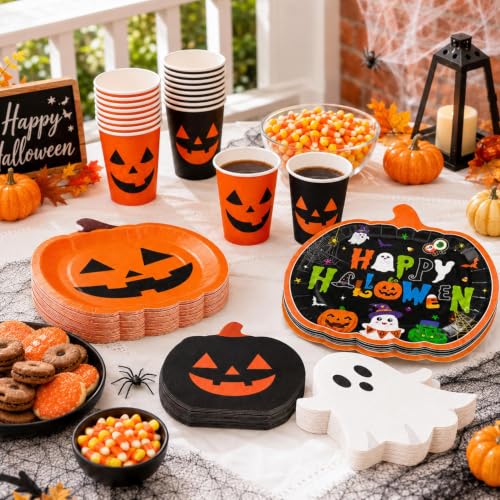 Halloween Party Supplies Set - Pumpkin Plates Cups Napkins for Costumes & Celebrations