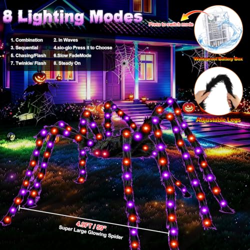 Halloween Outdoor Spider Web Lights with Spider & 8 Modes - Dark Purple & Orange Variation